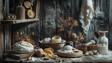 Rustic kitchen scene featuring fresh bread, flour, and ingredients on a wooden table, evoking a warm and homely atmosphere.の素材