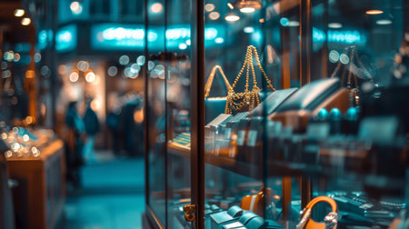 Display of luxury jewelry in a store with soft lighting, emphasizing elegance and sophistication with a focus on gold and diamonds.の素材