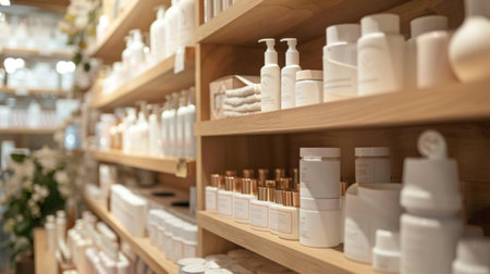 Store shelves stocked with various skincare products in minimalist packaging, creating a clean and organized retail display.の素材