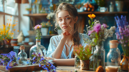 Portrait of a woman in a floral workshop surrounded by flowers and bottles, capturing a serene and creative atmosphere.の素材