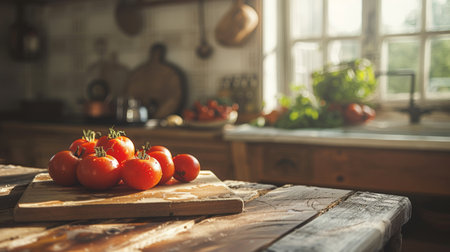 Bright and fresh tomatoes placed on a wooden cutting board in a cozy kitchen setting, capturing the essence of home cooking.の素材
