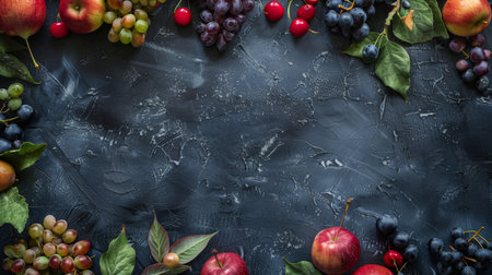 Top view of an assortment of fresh fruits, including apples, grapes, and cherries, arranged on a dark textured background.の素材