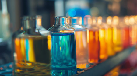 A row of colorful glass bottles filled with different liquids in a laboratory setting, creating a scientific and vibrant visual.の素材
