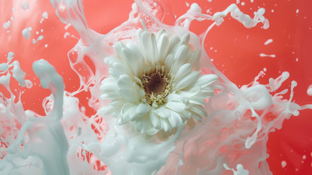 A white flower submerged in a dynamic splash of milk against a coral background, creating an artistic and fluid visual effect.の素材