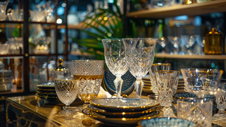 A variety of elegant glassware including glasses and plates, beautifully displayed in a store setting with soft lighting.の素材