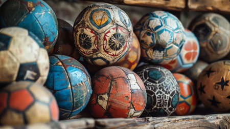 Collection of vintage soccer balls with unique designs, showcasing the rich history and evolution of the sport.の素材