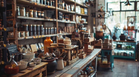 A rustic store interior featuring various products on wooden shelves, creating a cozy and inviting shopping atmosphere.の素材