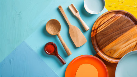 A collection of assorted wooden kitchen utensils displayed on a colorful background, showcasing their natural textures and craftsmanship.の素材