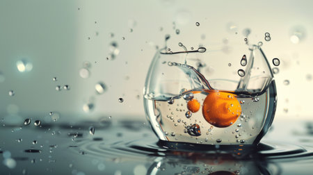 A dramatic capture of water splashing with an orange inside a glass, creating a dynamic and refreshing scene with clear droplets and vibrant colors.の素材