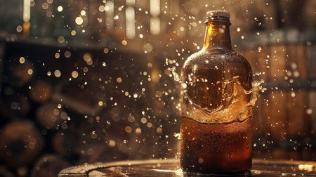 A dramatic capture of a water bottle with splashing droplets around it, creating a dynamic and refreshing scene with sparkling bokeh effects.の素材