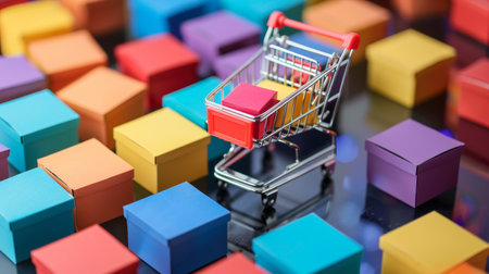 A mini shopping cart filled with colorful boxes, surrounded by more vibrant boxes, creating a playful and bright retail or e-commerce concept.の素材
