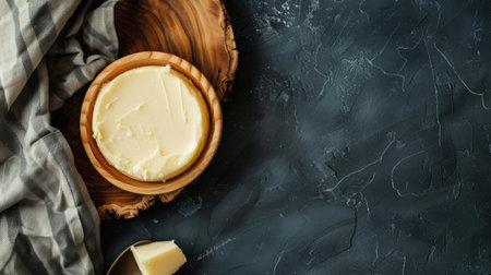 A top-down view of creamy butter in a wooden bowl placed on a rustic table, creating a homely and appetizing scene.の素材