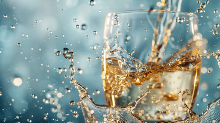 A dynamic capture of a glass filled with golden liquid, splashing with droplets around, creating a lively and refreshing scene.の素材
