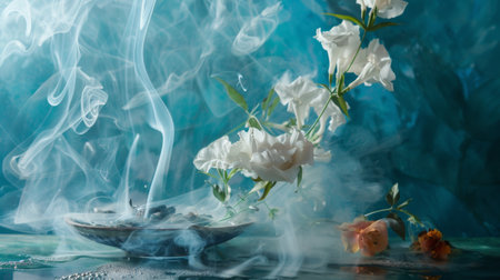 A serene scene with white flowers and incense smoke, creating a calming and mystical atmosphere with a soothing visual effect.の素材