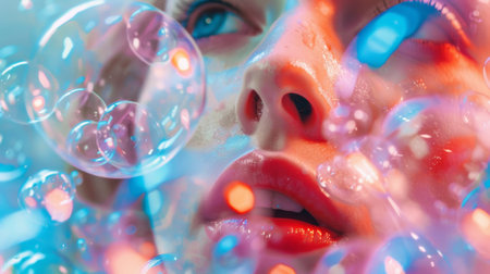 Close-up of a woman's face with colorful bubbles and abstract lighting, creating a dreamy and surreal visual effect.の素材