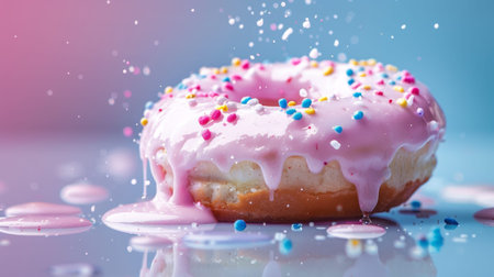 A close-up shot of a pink frosted donut with colorful sprinkles, creating a delicious and vibrant visual treat.の素材