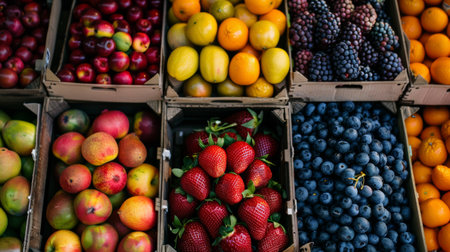 An assortment of fresh fruits including strawberries, apples, oranges, and berries neatly displayed in wooden crates at a market.の素材