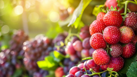 Close-up of ripe strawberries and grapes bathed in warm sunlight, highlighting their vibrant colors and natural freshness.の素材