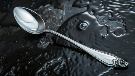Close-up of a silver spoon placed on a glossy black surface, highlighting its shiny and reflective qualities.の素材