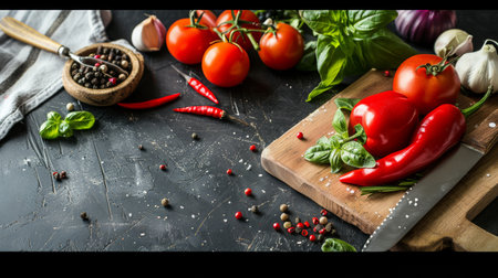 A vibrant assortment of fresh tomatoes, red peppers, and spices arranged on a dark kitchen surface, ready for cooking and culinary preparation.の素材