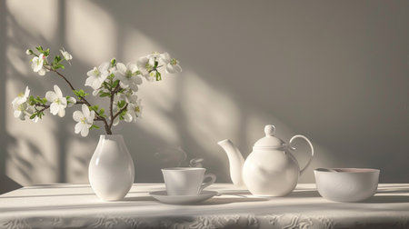 A white tea set paired with a blossom branch on a sunlit table, creating a serene and elegant tea time scene with natural lighting.の素材