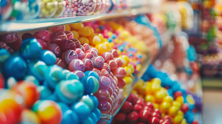 A vibrant and colorful display of assorted candies in a candy store, showcasing a delightful array of sweets and treats.の素材