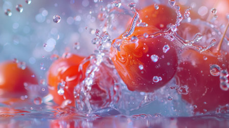 Close-up of fresh tomatoes splashing in water, creating a dynamic and vibrant scene with a colorful background.の素材