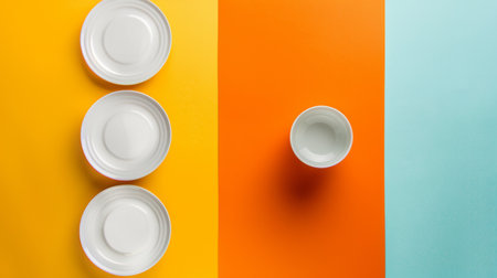 Top view of white plates placed on vibrant yellow, orange, and blue backgrounds, creating a minimalistic and colorful design.の素材