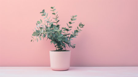 A minimalistic shot of a eucalyptus plant in a pink pot placed against a soft pink background, creating a calming and stylish aesthetic.の素材