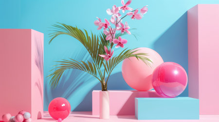 A modern and colorful still life arrangement featuring pink flowers and geometric shapes, creating an artistic and vibrant display.の素材