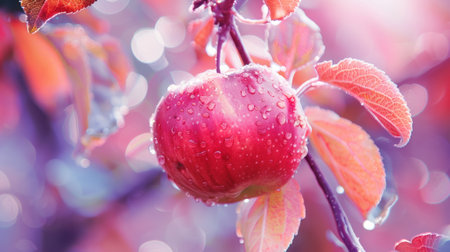 A close-up of a red apple with water droplets hanging from a branch, creating a fresh and vibrant visual.の素材