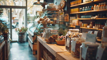 Cozy interior of an organic shop featuring wooden shelves stocked with various products, jars, and a counter displaying dried flowers. Natural light fills the space.の素材