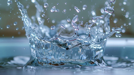 Close-up shot of water splashing in mid-air, capturing the dynamic movement and clarity of water droplets against a blurred background.の素材