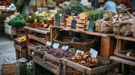 Organic vegetables and herbs beautifully displayed at a farmers market stall, highlighting the variety and freshness of produce.の素材