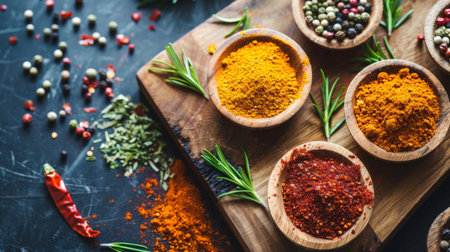 Colorful spices and herbs displayed in wooden bowls on a rustic table, representing culinary diversity and rich flavors.の素材
