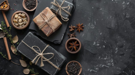 Handcrafted soap and spices on a dark textured background. The natural and artisanal arrangement is perfect for themes related to skincare, wellness, and handmade products.の素材