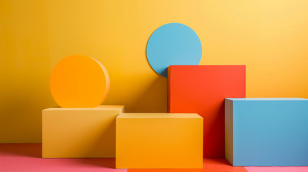 Colorful geometric shapes on a yellow background. The vibrant and abstract image is perfect for themes related to design, creativity, and modern art.の素材