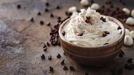 A wooden bowl filled with whipped cream and topped with chocolate chips, set on a rustic textured surface. Ideal for themes of desserts, indulgence, and sweets.の素材
