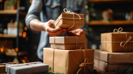 Hands wrapping gifts with rustic brown paper and twine in a cozy setting, capturing the warmth and joy of gift-giving during the holiday season.の素材
