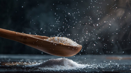 Dramatic close-up of salt falling from a wooden spoon in a dark atmosphere, capturing the texture and motion of the salt grains.の素材