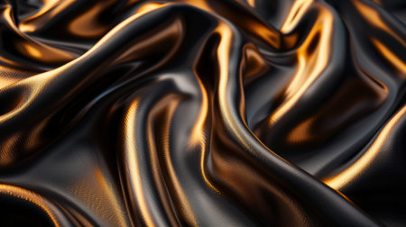 Luxurious black and gold satin fabric with smooth, flowing texture, capturing the elegance and richness of the material.の素材