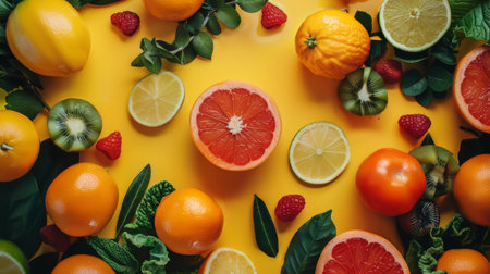 A vibrant assortment of citrus and tropical fruits arranged on a bright yellow background, showcasing the freshness and variety of the produce.の素材