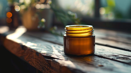A small amber glass jar placed on a rustic wooden table, with a blurred background featuring plants and natural light, creating a serene and warm ambiance.の素材