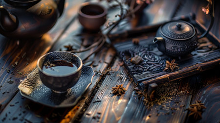 A traditional tea set on a wooden tray, featuring a teapot, cups, and star anise, creating a warm and inviting atmosphere for tea lovers.の素材