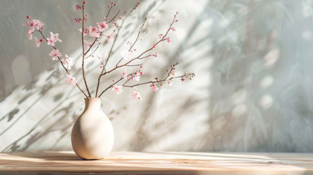Delicate pink blossoms arranged in a white ceramic vase, placed on a wooden table with soft natural light casting shadows, creating a serene and elegant composition.の素材