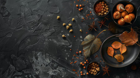 A variety of autumn harvest items including nuts, leaves, and spices arranged on a dark rustic background, highlighting seasonal colors and textures.の素材