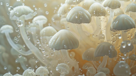 A close-up of delicate mushrooms underwater, showing their intricate shapes and details with surrounding air bubbles.の素材
