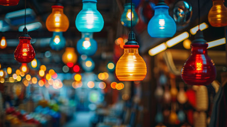 A festive display of colorful hanging lanterns with blurred bokeh lights in the background, creating a warm and cheerful atmosphere.の素材