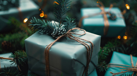 A beautifully wrapped Christmas gift adorned with a pine branch and twine, surrounded by festive decorations and lights.の素材