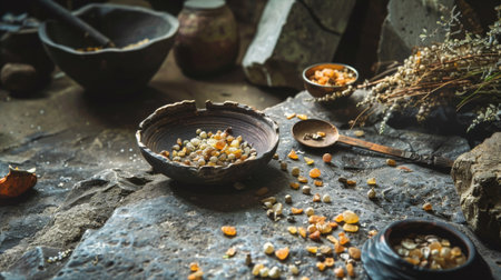 A historical scene featuring ancient pottery bowls filled with amber resin, set on a stone surface, evoking a sense of antiquity.の素材